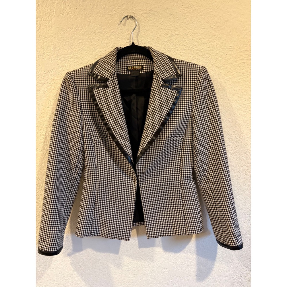 Georgiou Studio Houndstooth Blazer Womens 2 Faux Leather Trim Black White Jacket